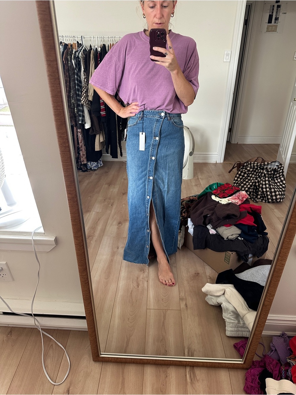 High-Slit Button Front Denim Maxi Skirt
